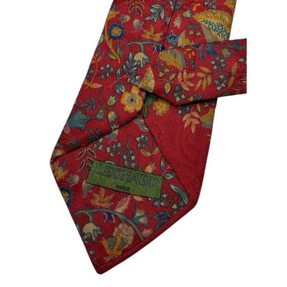 LEONARD Men's 100% Silk Necktie LUXURY Tie Red Floral Leaf W:3.8" EUC - Picture 5 of 5